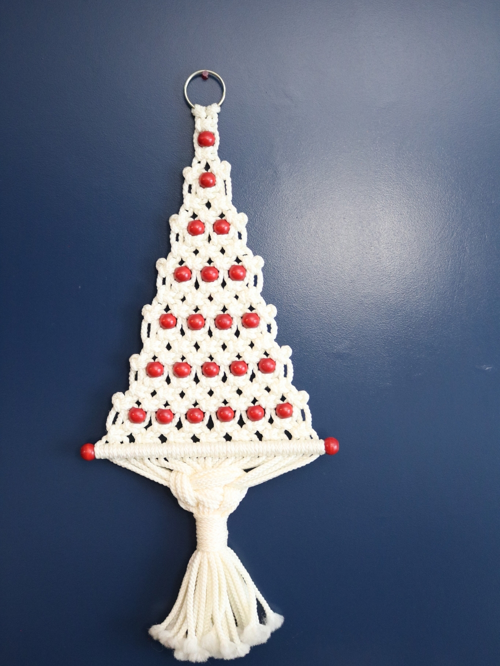 Vintage Cream Macramé Christmas Tree with Red Bead Accents - Picture 2 of 7